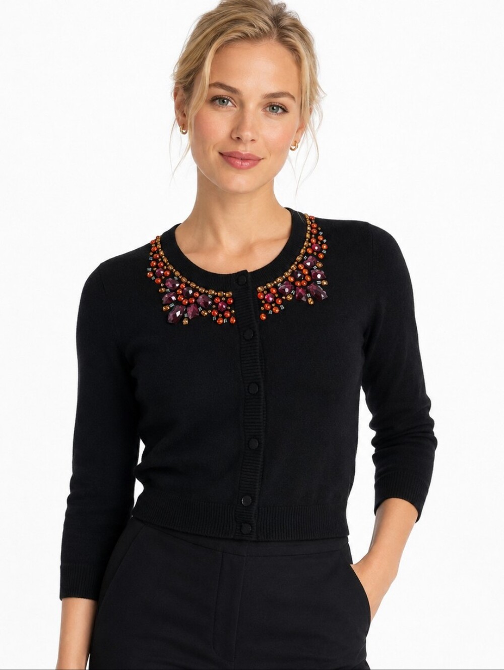 Kate Spade Wool Cashmere Cardigan Sweater L Black Jewel Collar Embellished Art